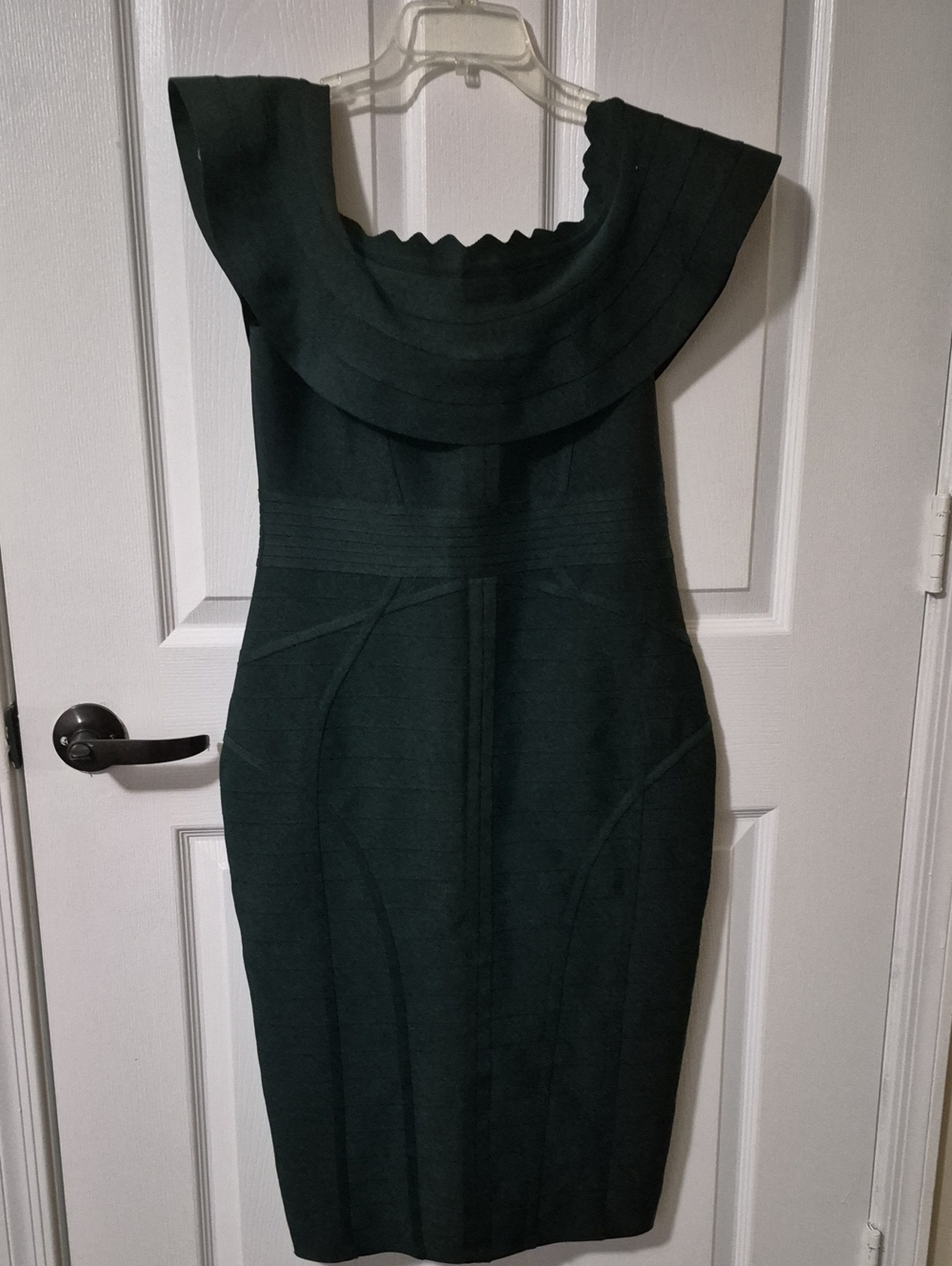 Elegant Dark Green Scallop Neck Sheath Dress, Back Slit.